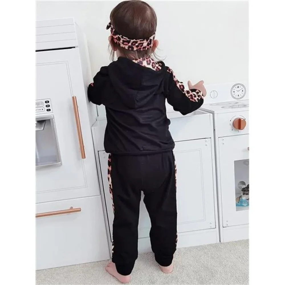 Baby Girls Hoodie Sweatshirt Pants Headband Clothing Set, Black